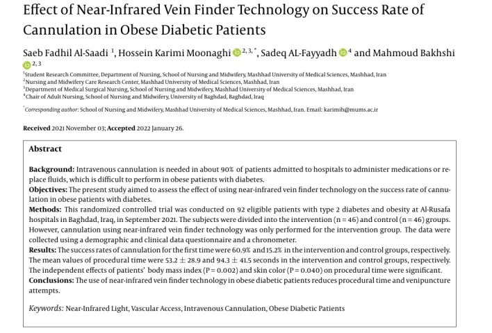 The Clinical application of  Near-Infrared Vein Finder in obese diabetic patients
